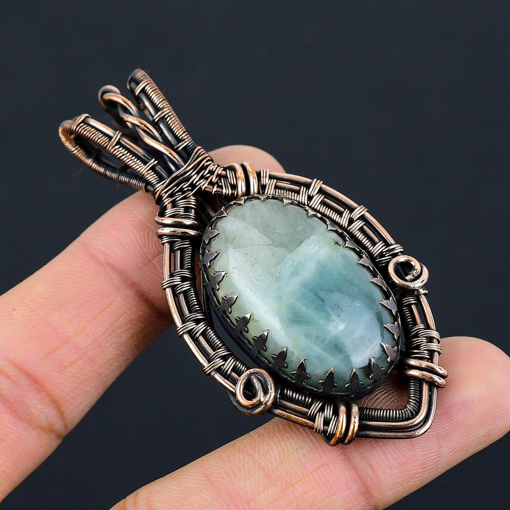 Aquamarine Gemstone Pure Copper Wire Wrapped Handmade Unique Pendant Jewelry