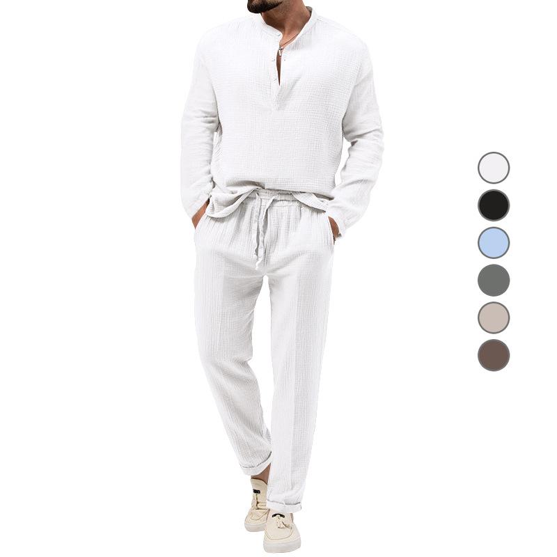 Spring Autumn Men's Solid Color Casual T-shirt Long-sleeved Shirt Trousers Suit