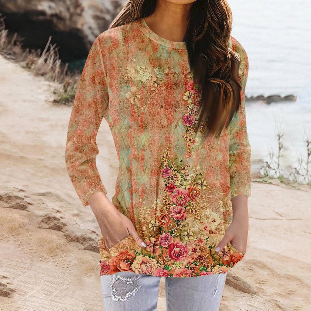 Женская модная повседневная футболка с карманом и круглым вырезом с рукавами 3/4 и топом