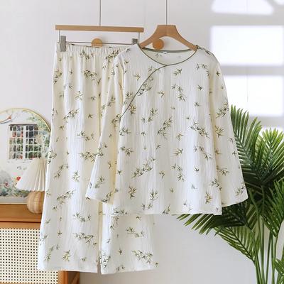 Весна и осень Новый женский пижамный комплект 100% хлопок креп с длинным рукавом длинные брюки комплект из двух предметов простая домашняя одежда