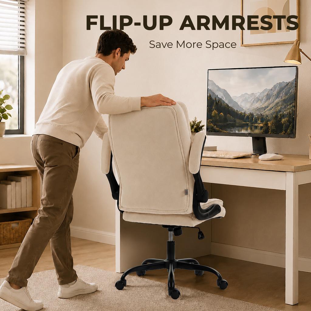 Office Chair, Ergonomic Desk Chair with Flip-up Armrest, Pocket Springs, Swivel Wheels, Adjustable Height, Beige