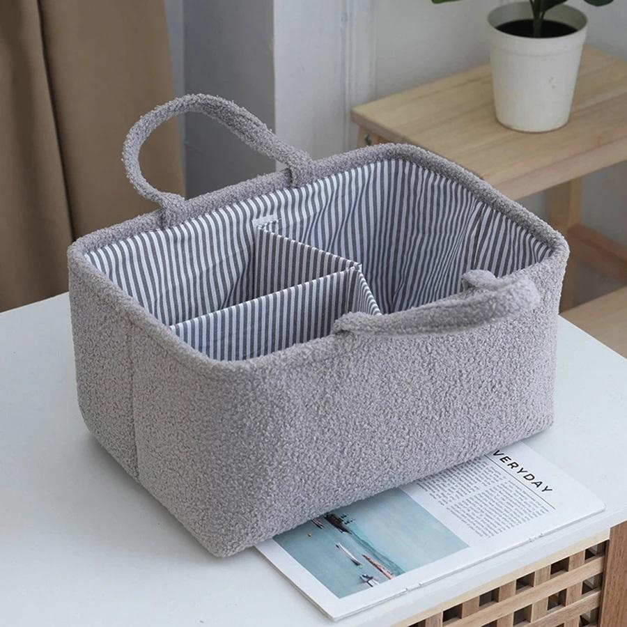 1pc Mommy Bag Teddy Fleece Diaper Bag with Handle Portable Travel Diapers Storage Bag Large Capacity Baby Item Organizer Basket