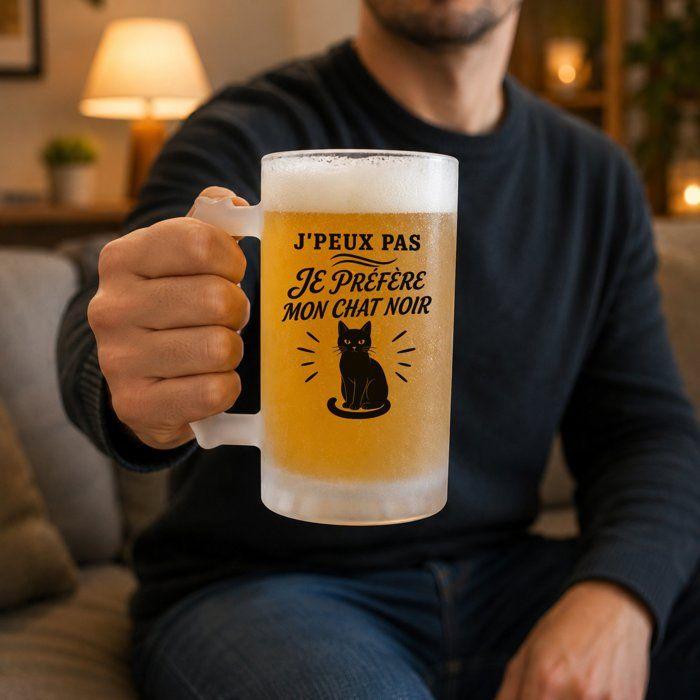 Chope givrée - PLANETEE - J'peux pas je préfère mon Chat noir - Verre trempé 470 ml - Givré - Imprimée en Bretagne