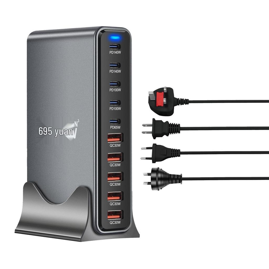 Десятипортовый GaN-зарядник 5C5A PD140W: Высокомощная быстрая зарядка нескольких устройств с совместимостью с EU/US/UK/AU