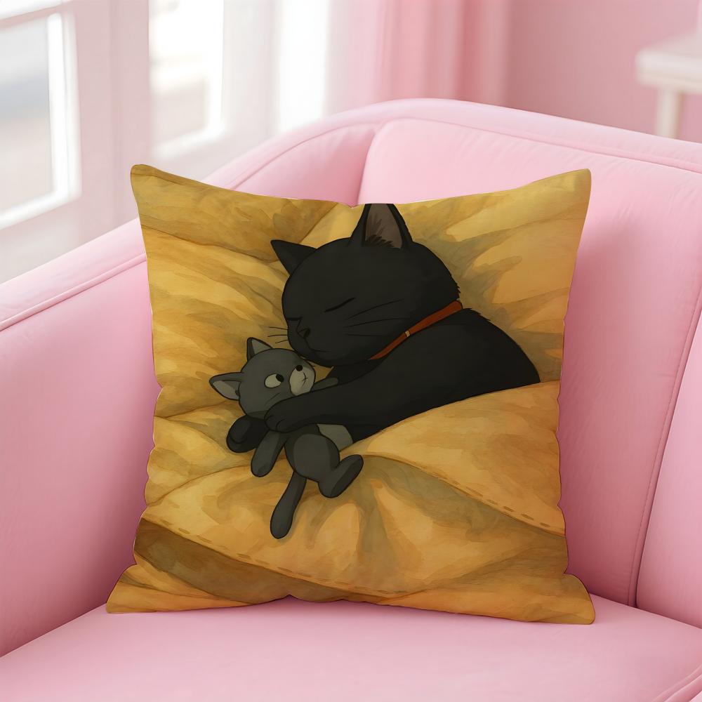 LLittle Black Cat Couple Cushion Cover Pillow Case Soft Friendly Fabric Concealed Zipper
