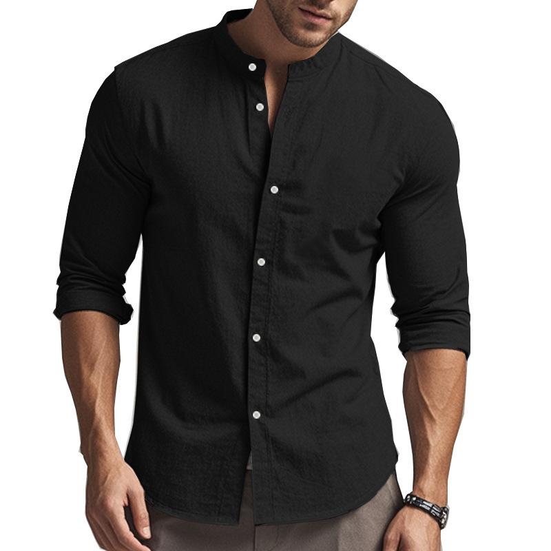 Мужская рубашка с длинным рукавом в стиле business casual, воротник-стойка, однобортная, большого размера, однотонная, повседневная рубашка из хлопка и льна