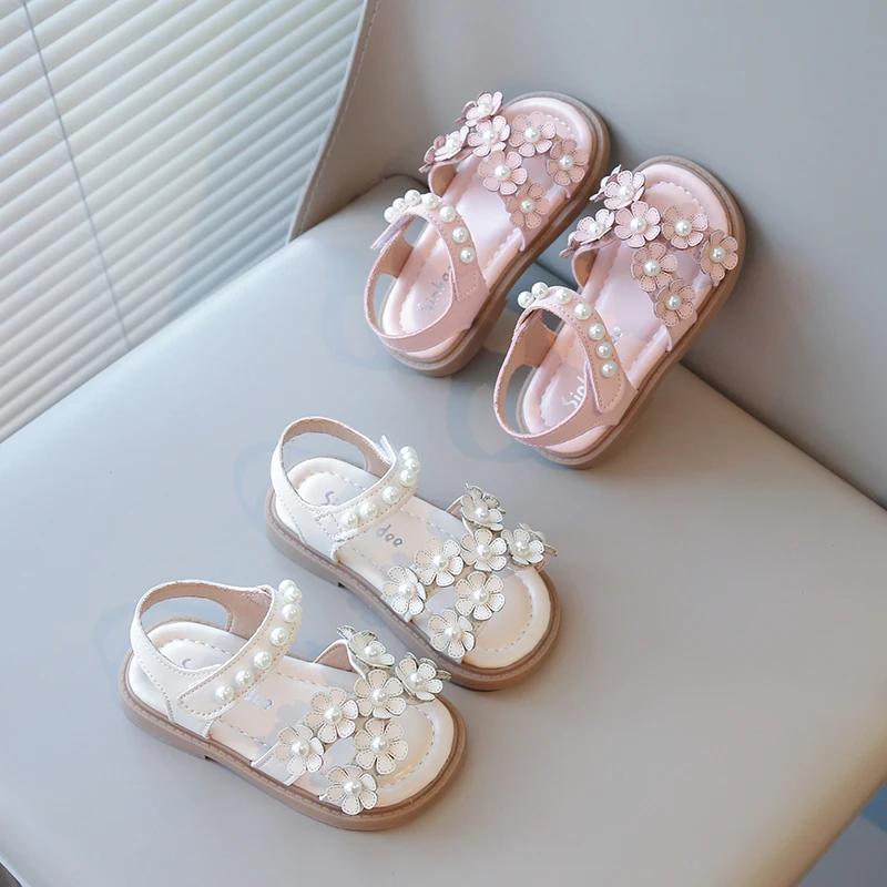 Летняя обувь для маленьких девочек с бусинами, милые детские цветочные сандалии принцессы, с открытым носком, противоскользящие, размеры 21-30, на липучке, богемный, милый