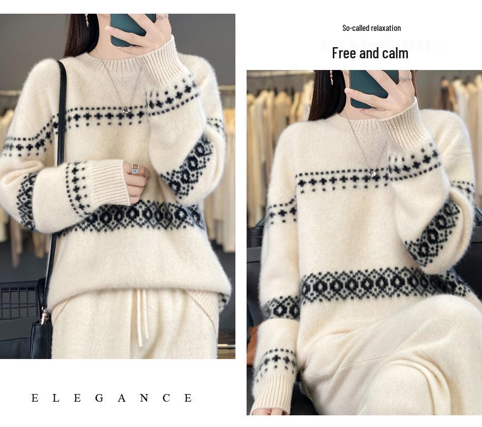 Meng Yi Women's Jacquard Wool Sweater: Autumn/Winter Loose Knitwear, Thick Round Neck