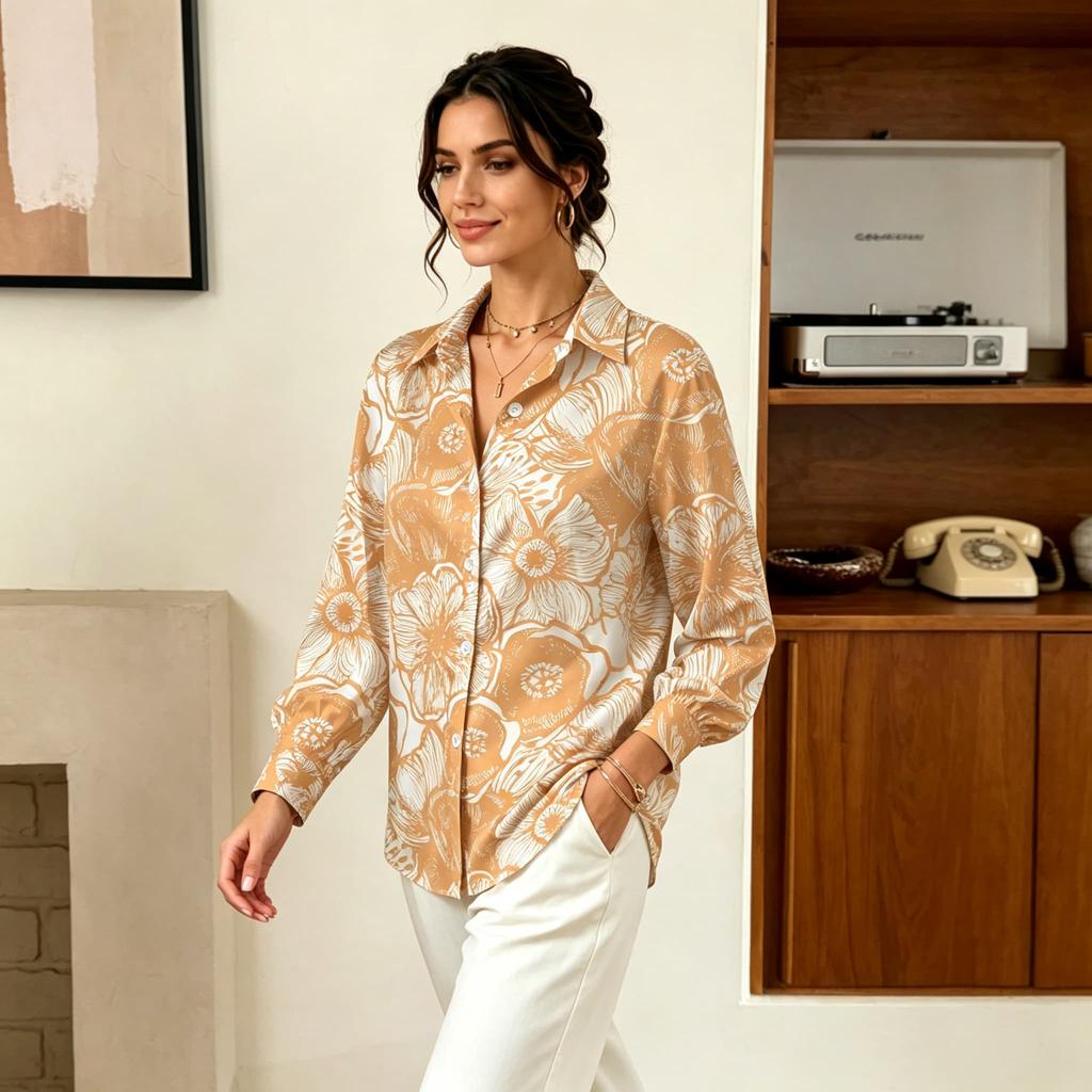Women's satin lapel long-sleeve shirt with art big flower print on light orange base, simple elegant, for daily commuting and outing