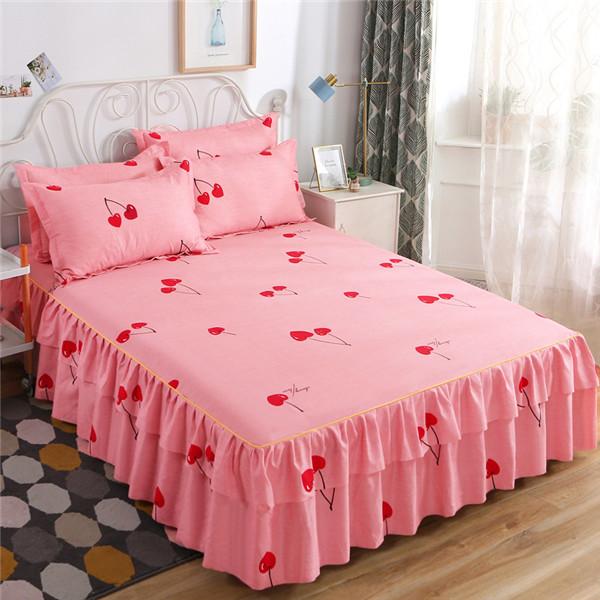 Floral Printed Bedspread Bedskirts Set 3PCS Bed Fitted Sheet With 2 Pillowcases Soft Breathable Bed Mattress Cover Protector Mat