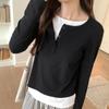 Contrast Color Fake Two-piece Long-sleeved T-shirt for Women In Autumn New Round Neck Top Loose and Versatile Niche Bottoming Shirt