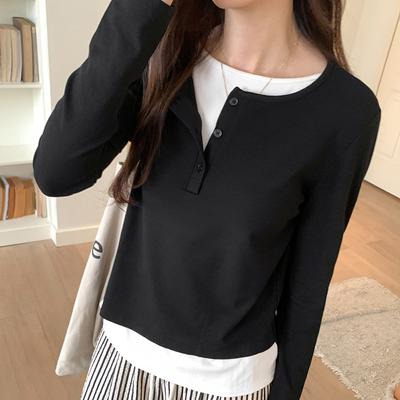 Контрастная цветная поддельная футболка из двух частей с длинными рукавами для женщин, новый осенний топ с круглым вырезом, свободная и универсальная рубашка-нижняя часть