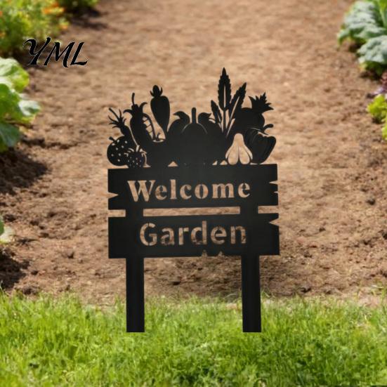 Decorative Garden Markers Welcome Yard Sign, Wildflowers/Vegetables Silhouette Black Stake, Outdoor Soil Insert Acrylic Rustic Lawn Sign for