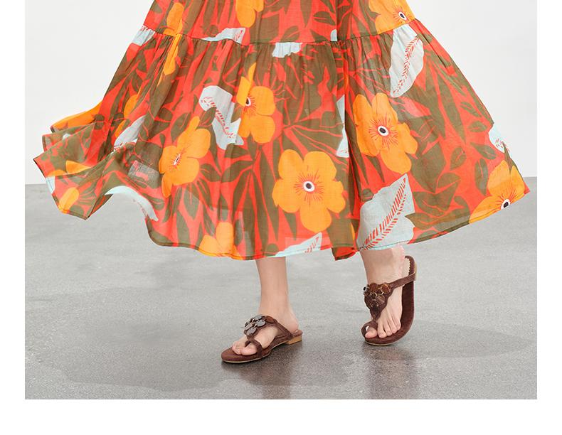Ramie flower printing holiday style long skirt