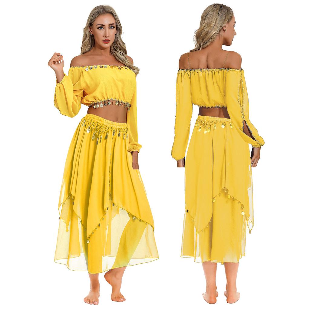 Женский костюм для танца живота с блестящими пайетками, укороченный топ с длинными рукавами-фонариками и шифоновая юбка