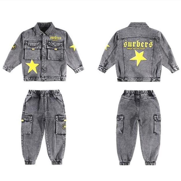 Весенне-осенний джинсовый костюм для мальчиков, джинсовая куртка с капюшоном и джинсы для мальчиков и детей, модный костюм-двойка