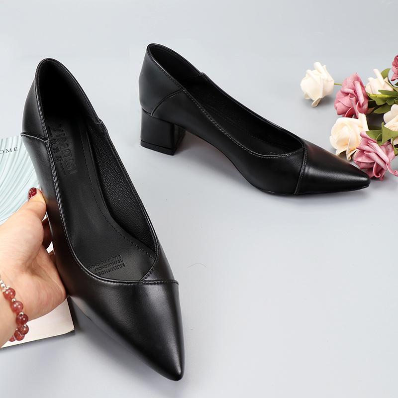 Толстый каблук черные туфли на среднем каблуке из кожи рабочая обувь женская обувь одинарные туфли