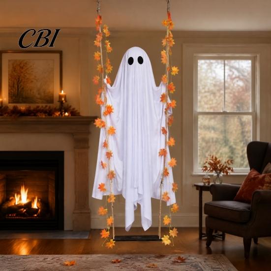 Weather Resistant Ghost Decor Hanging Swinging Halloween Decoration for Outdoor Garden Yard, Weighted Fabric Flying on A Lighted Porch Swing with LED