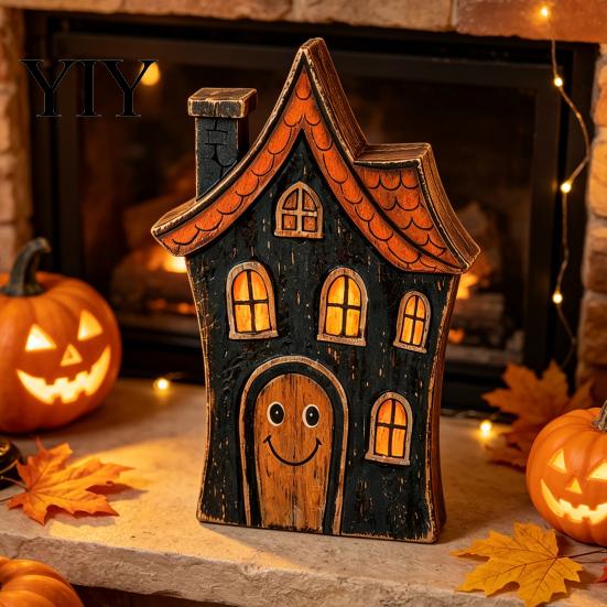 Decorative Wood Souvenirs Halloween Haunted House/Cute Ghost Wooden Table Ornaments, Rustic Farmhouse Tiered Tray Vintage Distressed Crafts