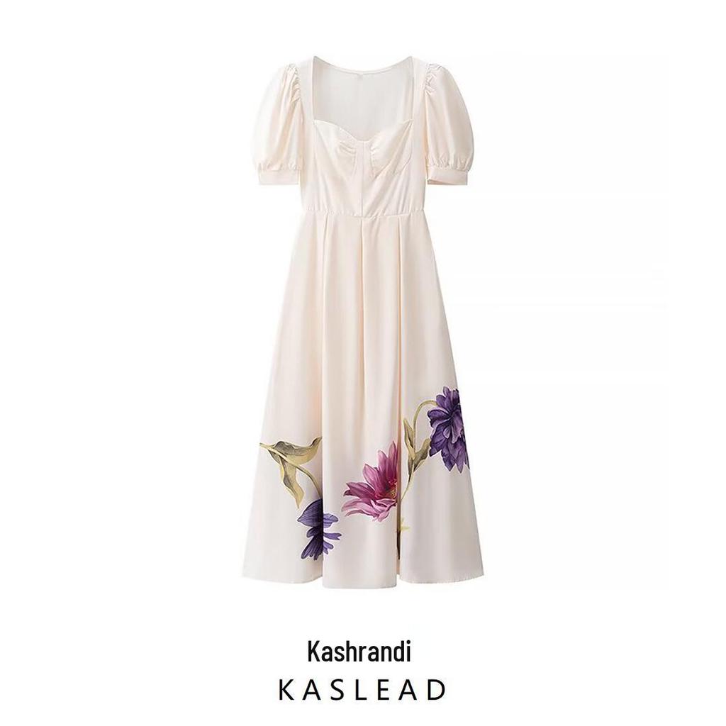 Spring 2025 Women's European & American Style Square Neck Print Maxi Dress with Short Sleeves