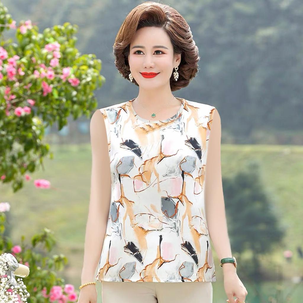 Летний жилет Mom's Summer для женщин среднего и пожилого возраста, размер Plus, свободный круглый вырез, из ледяного шелка