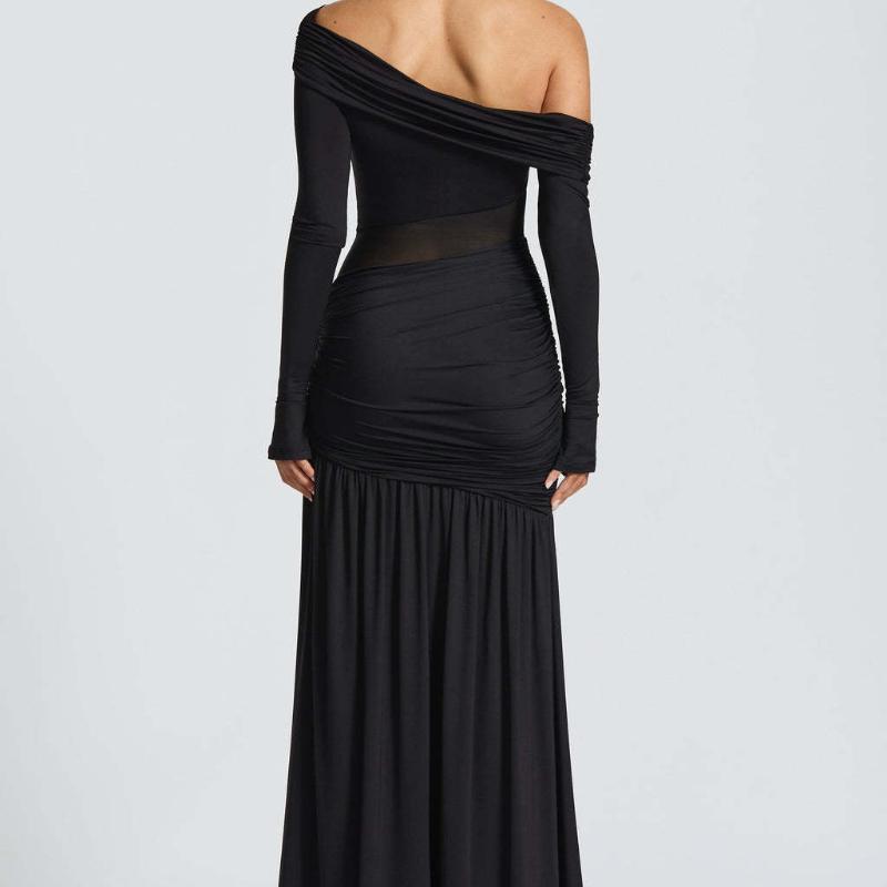 Европейское и американское платье с одним плечом, драпировкой на талии, прозрачное, с открытыми плечами, сетчатое, женское, сексуальное, длинное