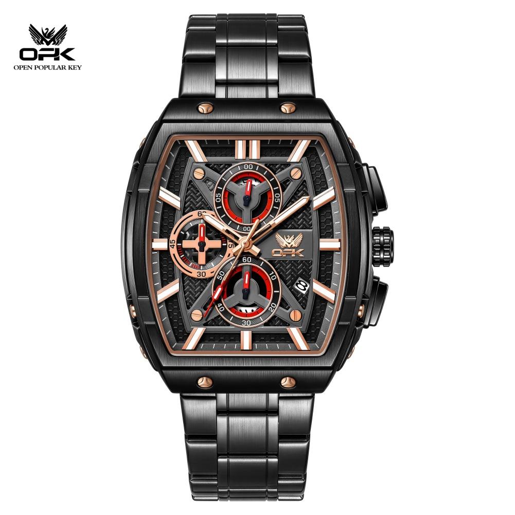 Mens Chronograph Wrist Watch Large Tonneau Case Steel Metal Calendar Waterproof Business Wristwatch for Male