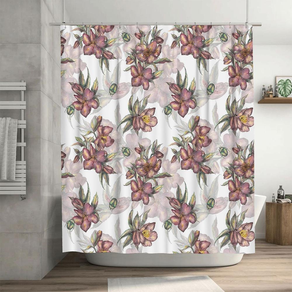 Stylish Bath Curtain With Floral Print Pink Purple Green Bloom Design Waterproof Fabric Shower Curtain For Home Decoration In Ba