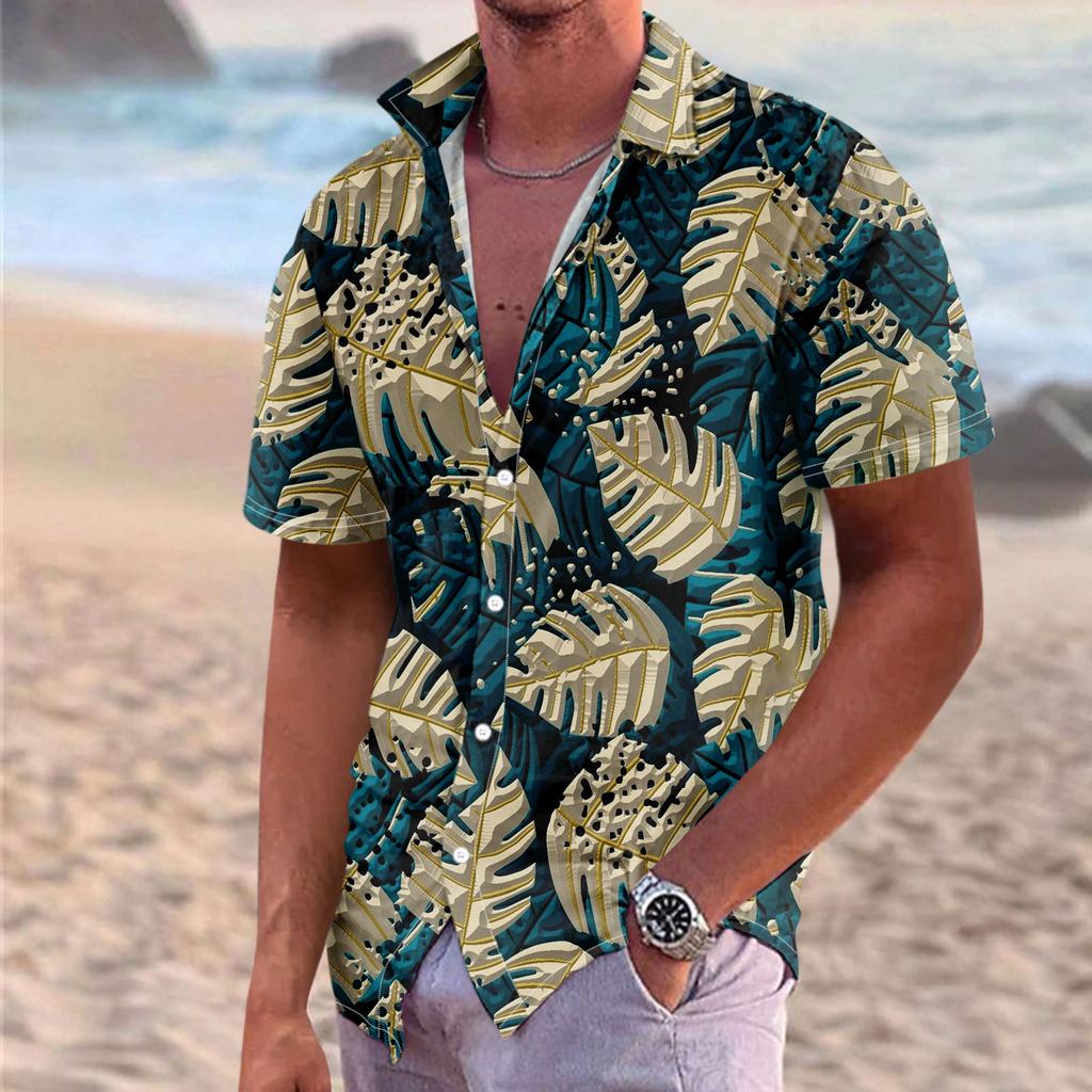 Men's Summer New Loose Print Short Sleeve Shirt Cardigan Beach Shirt