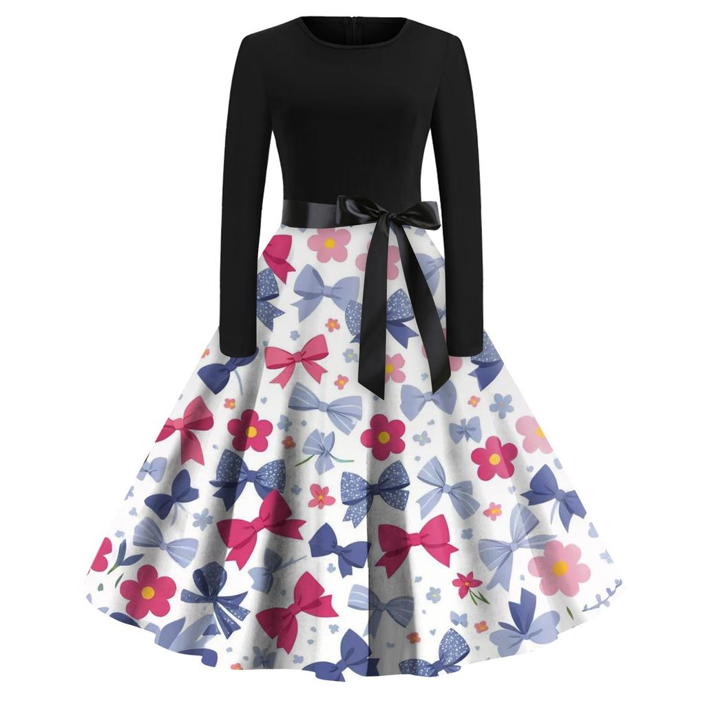 Женское платье с круглым вырезом и большим подолом, плиссированная юбка с длинными рукавами, платье