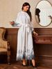 Middle Eastern Print Long Dress with Waistband and Round Neck
