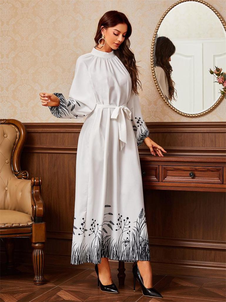 Middle Eastern Print Long Dress with Waistband and Round Neck