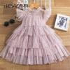 Summer Girls Princess Mesh Layers Cake Dresses For Kids Star Sequin Elegant Party Tutu Prom Wedding Gown Children Clothes