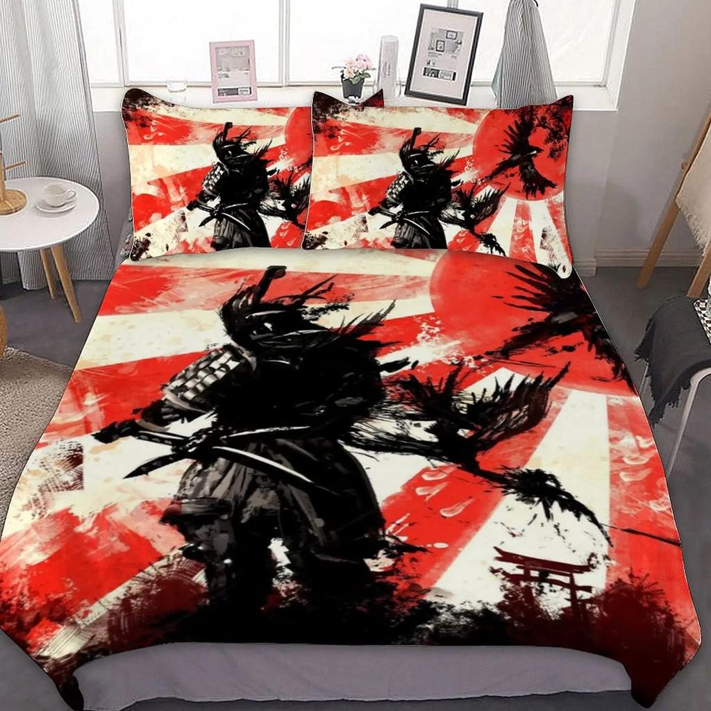 Samurai Duvet Cover Set Sunset Japanese Samurai Quilt Cover Scenery Silhouette Comforter Cover King Size 23pcs Twin Bedding Set