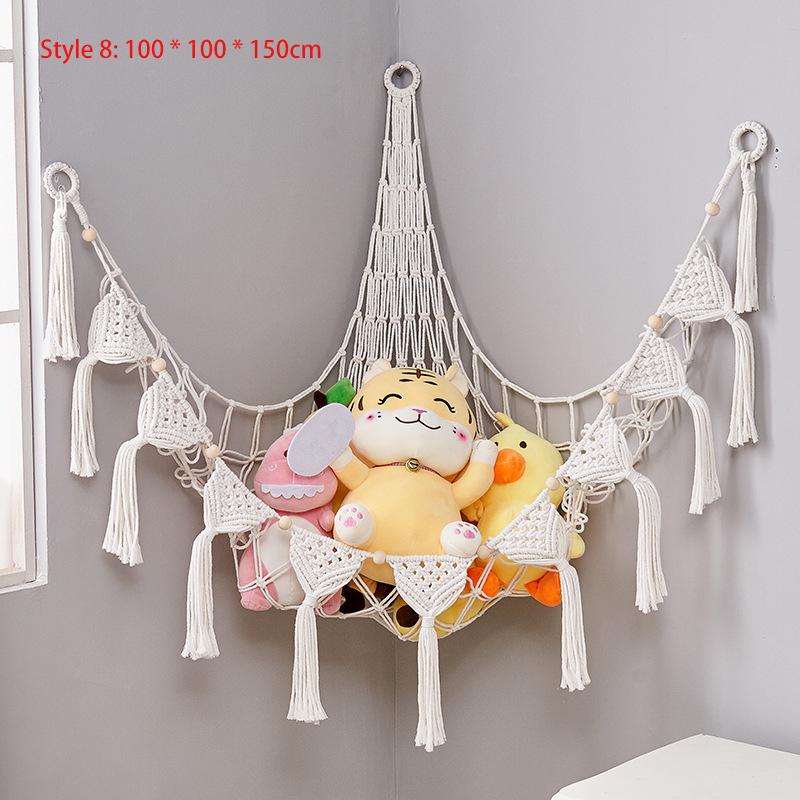 Triangular Toy Hammock Handwoven Cotton Rope Wall Storage for Stuffed Animals Plush Toys and Decor Macrame Toy Net With Fringe