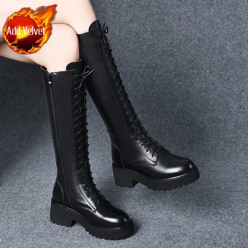 Длинные сапоги для женщин с круглым носком, на платформе в стиле вестерн, со шнуровкой и высоким голенищем, женские, со шнуровкой, черные, панк, кожа, весна-осень