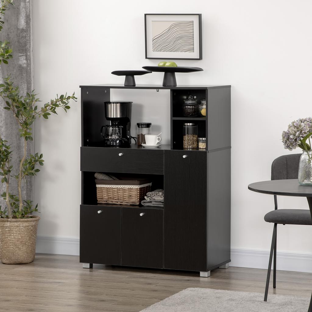 Multilevel Microwave Cabinet With 2 Cupboards 4 Niches Sliding Drawer Dimensions 90L X 40W X 120H Cm In Black Wood