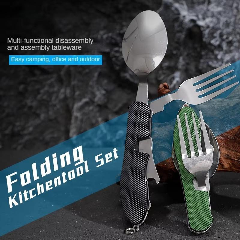 Corrosion Resistant Portable Folding Stainless Steel Cutlery Set Fork Spoon Knife Bottle Opener for Picnic Travel Daily Use