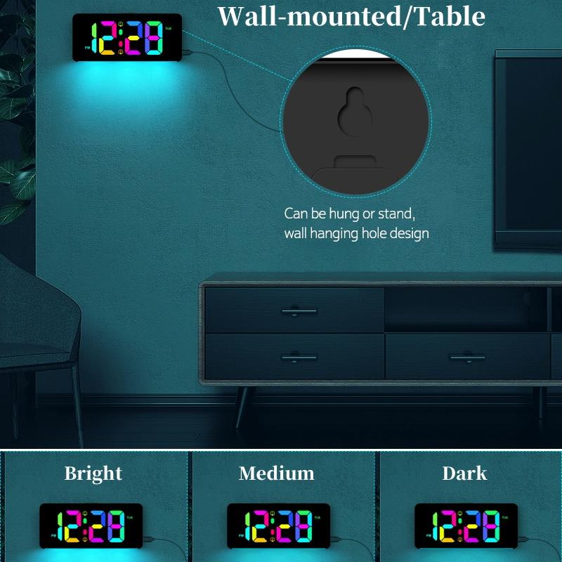 Цифровой будильник RGB с подсветкой RGB Mood Lighting, 2 будильника, ночной режим, неограниченный повтор сигнала, настольные часы, выход 12/24 ч, зарядка через USB Type-C, светодиодные часы