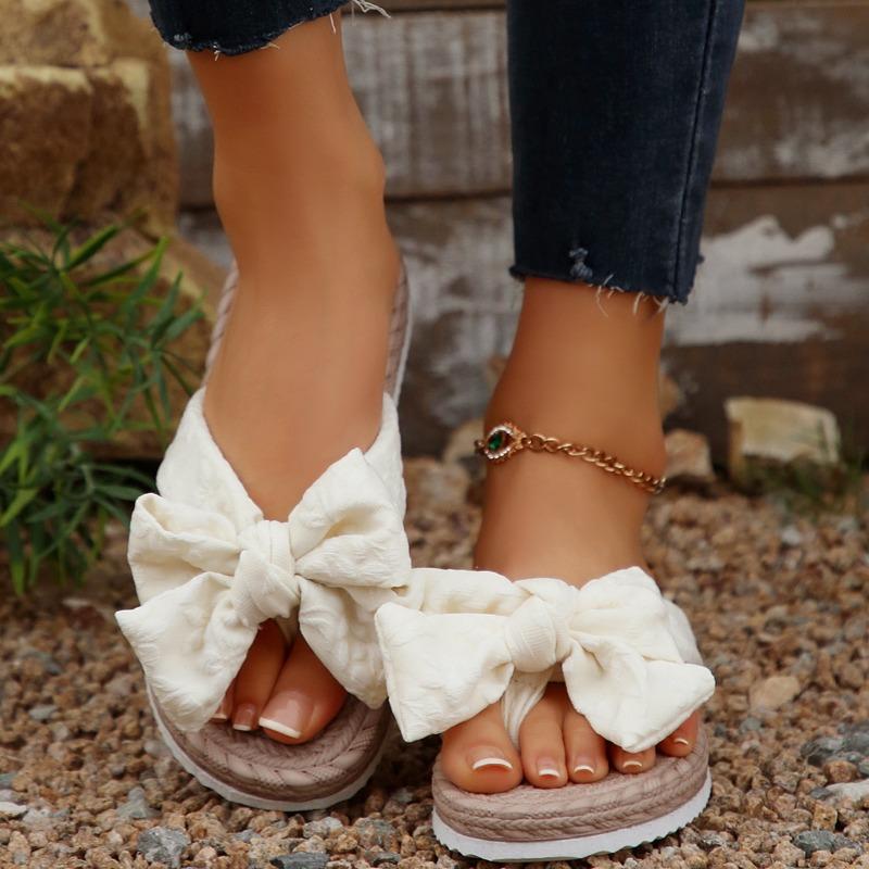 Модные летние женские тапочки 2025 Высокое качество Универсальная мода Женская обувь Повседневный бант Открытый носок Плоские тапочки Шлепанцы Женские