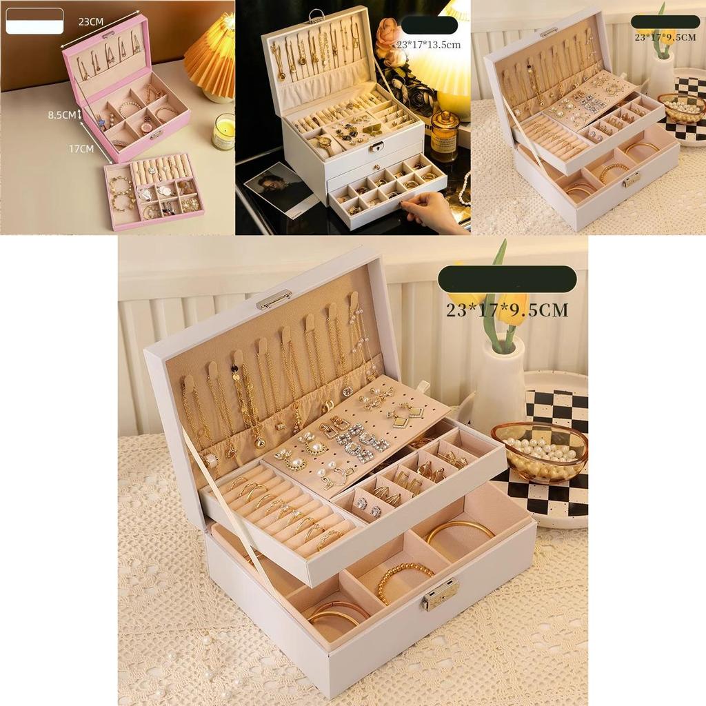 Классическая кожаная шкатулка для украшений с несколькими ярусами для элегантного хранения серег, колец и ожерелий