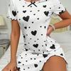 Yousheng Lady Nightdress Contrast Color Heart Printing Shirring Edge Bow Decor Slit Hem Loose Short Sleeves Bedroom Dress Summer Sleepwear