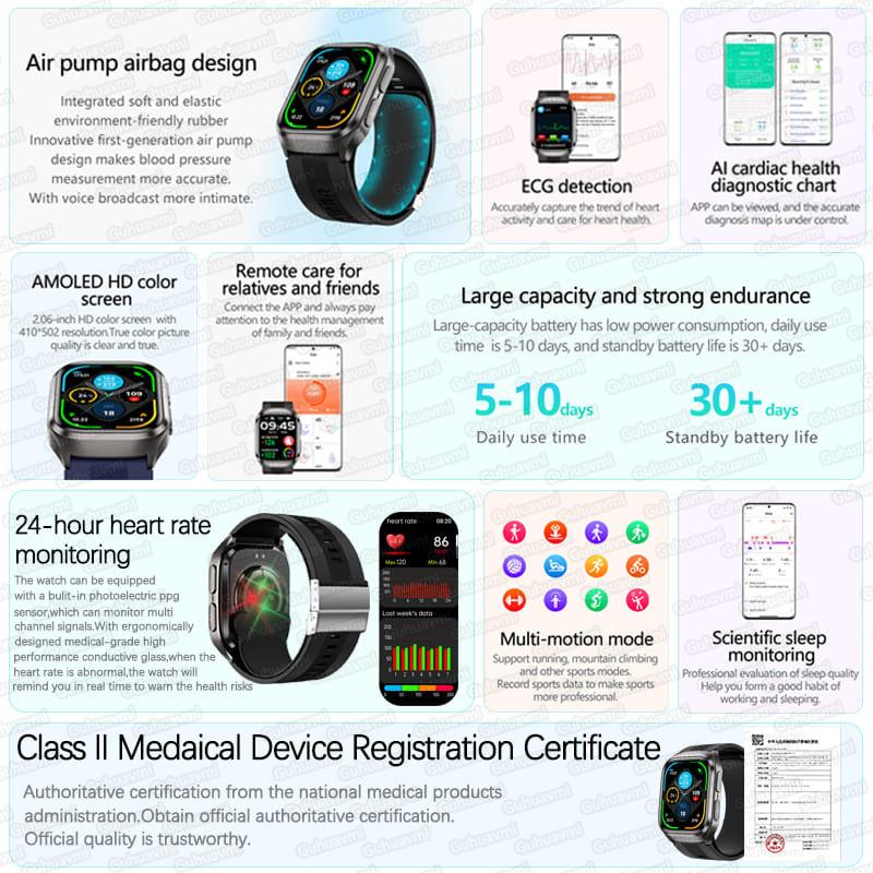 New AI Diagosis ECG Health Smart Watch Men Blood Pressure Lipid Uric Acid NFC Air Pump Airbag Health Smartwatches Women for IOS Android