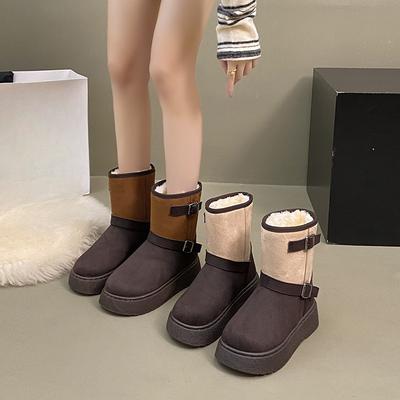 Модные ботинки на платформе из хлопка, женские модные ботинки с круглым носком, замшевые, с металлическими пряжками, мягкой подошвой, нескользящие, средней высоты