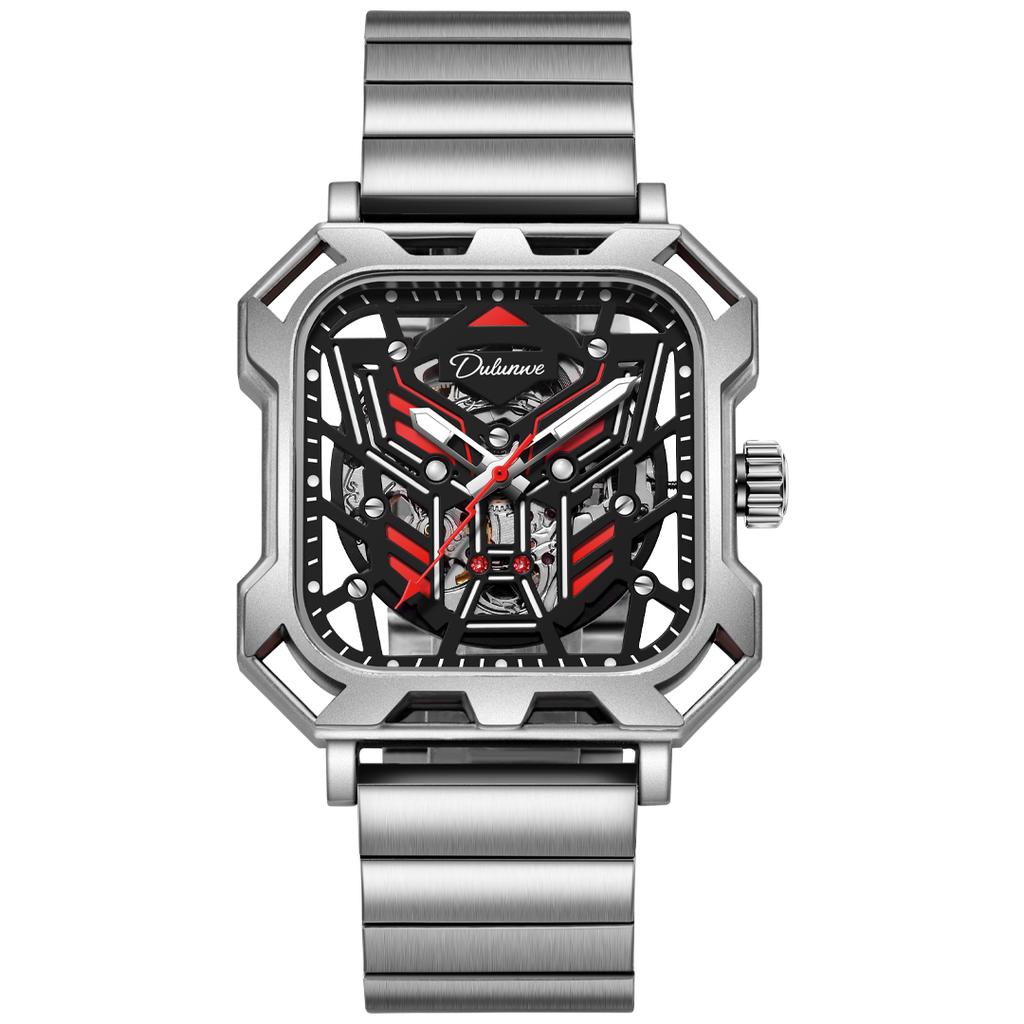 Новая концепция трехмерных квадратных циферблатов с полым циферблатом, мужские прохладные ночные светящиеся водонепроницаемые автоматические механические часы из нержавеющей стали