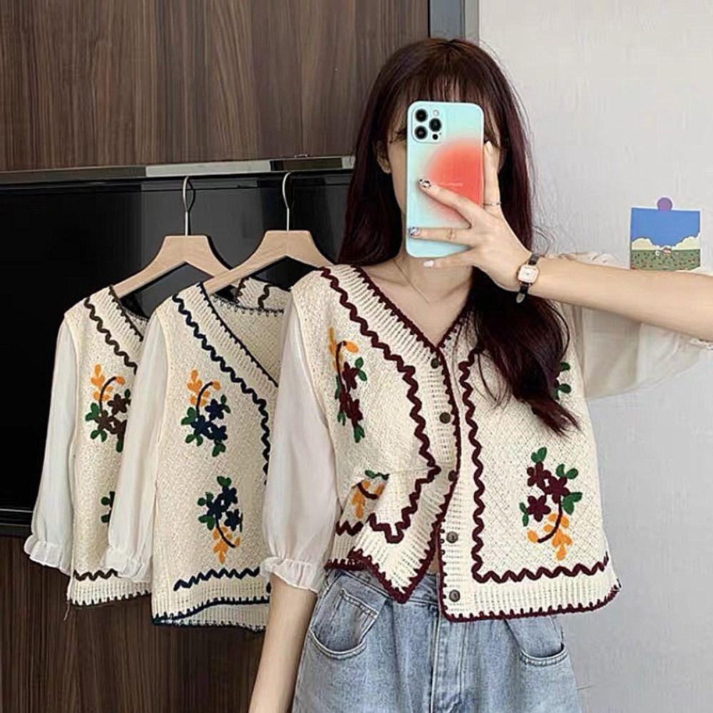 Flower Embroidery Chiffon Sleeve Shirts Button Front Short Top New Crochet Blouse Women