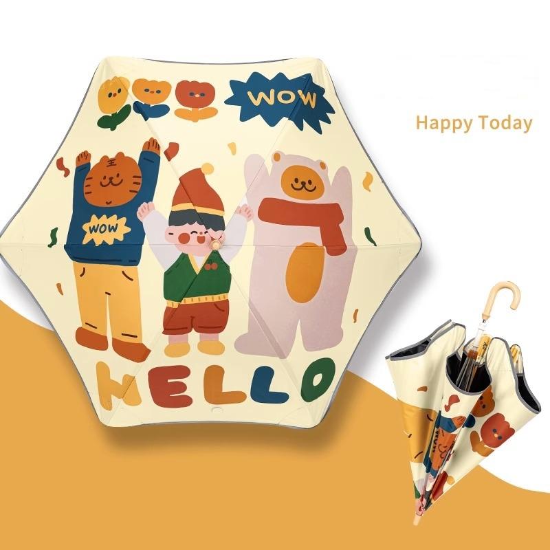 Cartoon UV Umbrella Long Hand Parasol Kids Sun Rain Umbrella Round Corners Protection Umbrellas With Reflective Strip Parasol