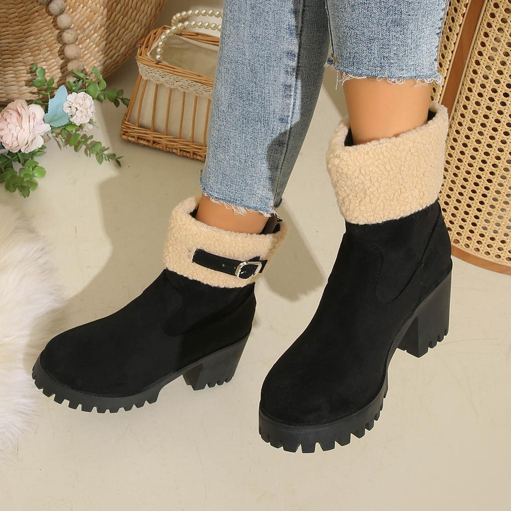 Foreign Trade Large Size Women's Shoes Snow Boots Women's Autumn and Winter New Belt Buckle Thick Heel Warm Turning Rough Edge Snow Boots
