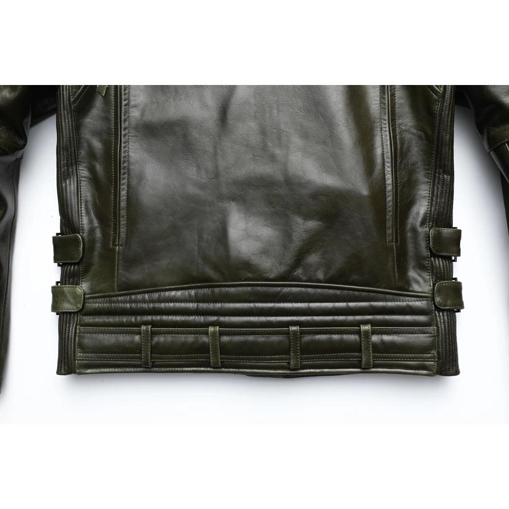 Chinese Size Unique Army Green Motorcycle Jacket Men Leather Jacket 100% Oil Wax Cowhide Motor Biker Jacket Male Leather Coat Winter M455