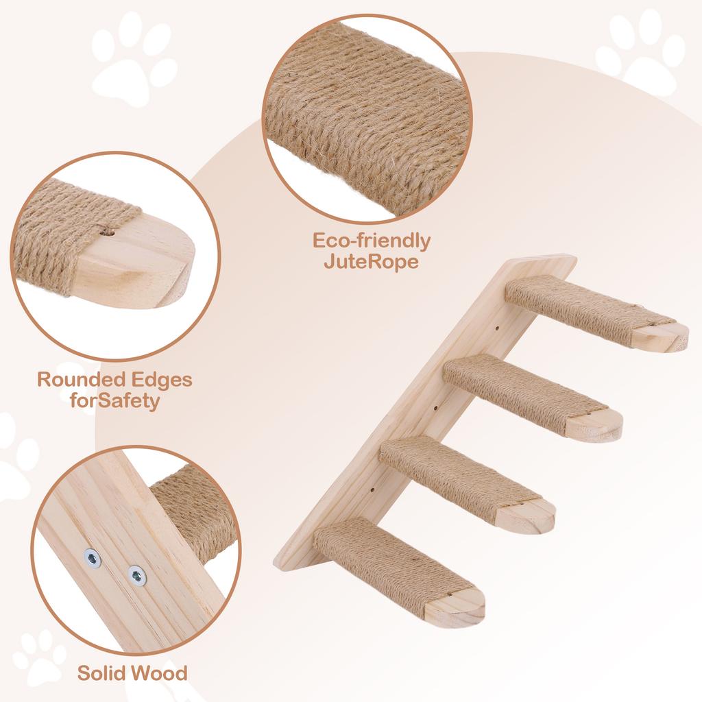 Cat Climbing Shelf Wall Mounted Four Step Cat Stairway with Jute Scratching for Kitten Perch Platform Walls Furniture for Cats
